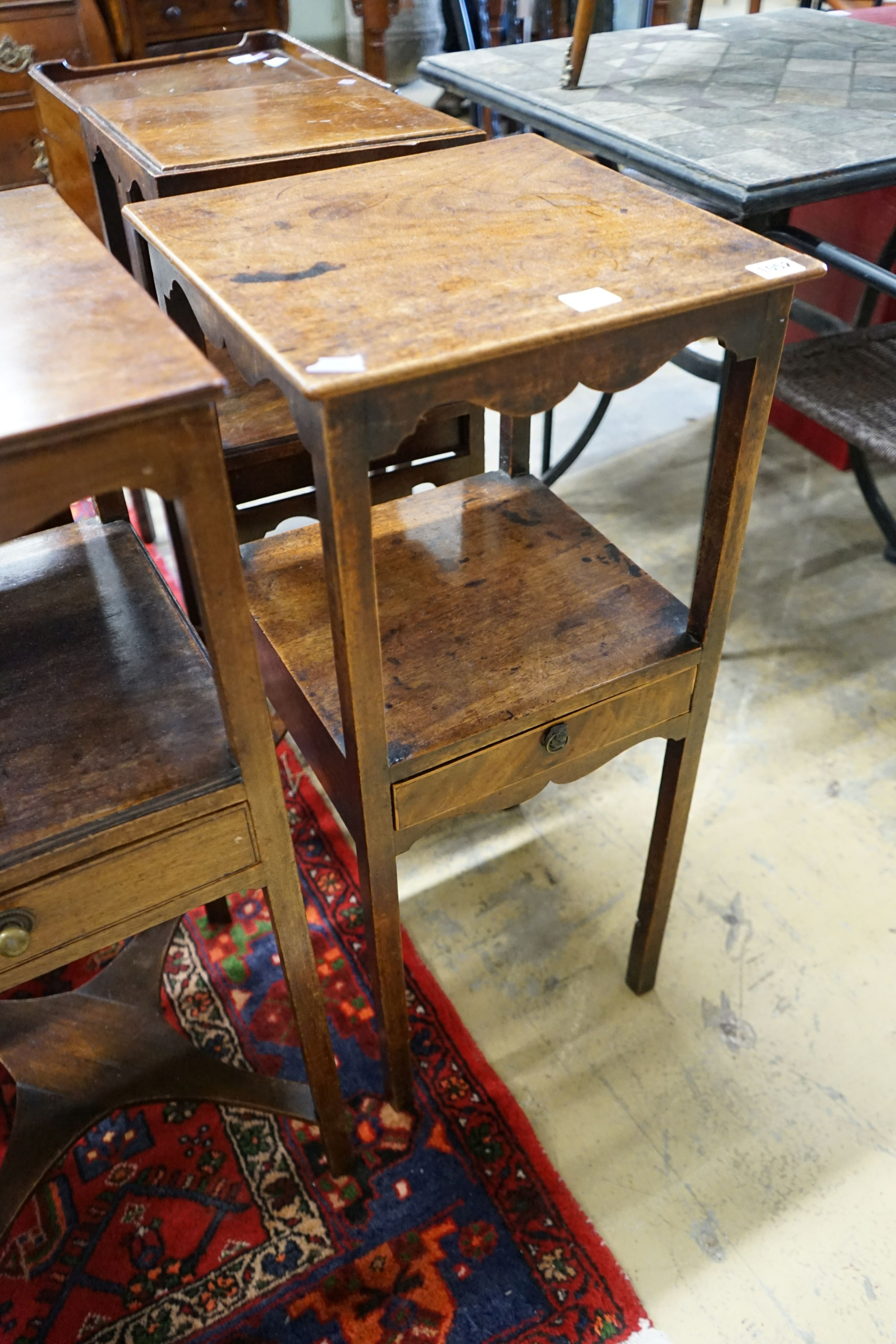 Four George III and later mahogany two tier washstands, largest width 37cm, depth 36cm, height 82cm